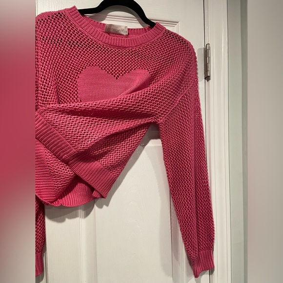 NWT No Boundaries Size XS Pink Mesh Long Sleeve Crew Neck Pullover Heart Sweater - Picture 3 of 12